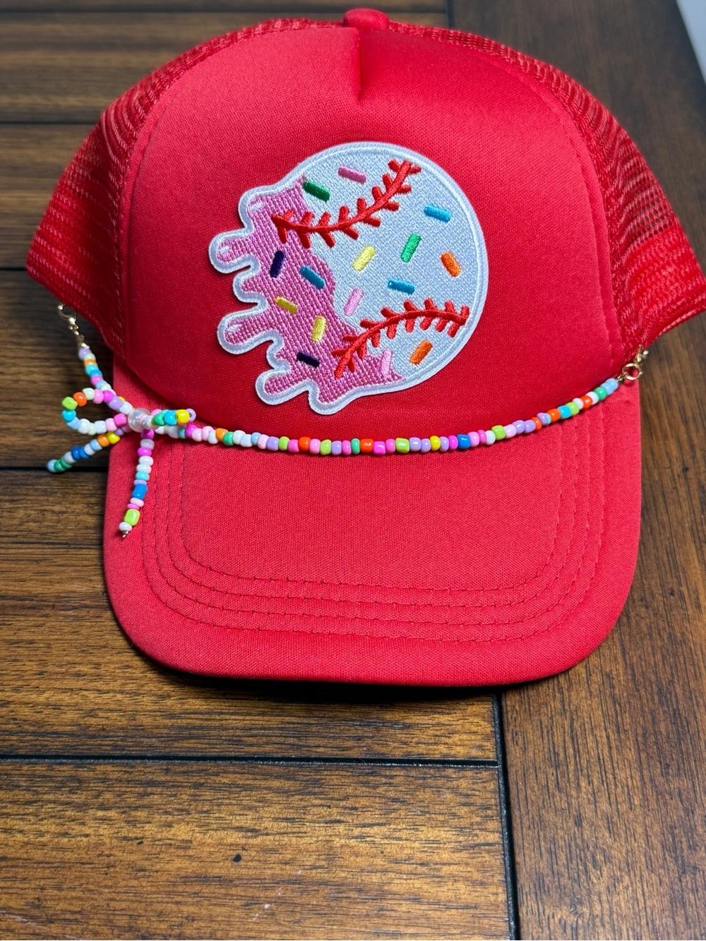 Red Baseball Patch Trucker Hat with Beaded Accent Chain